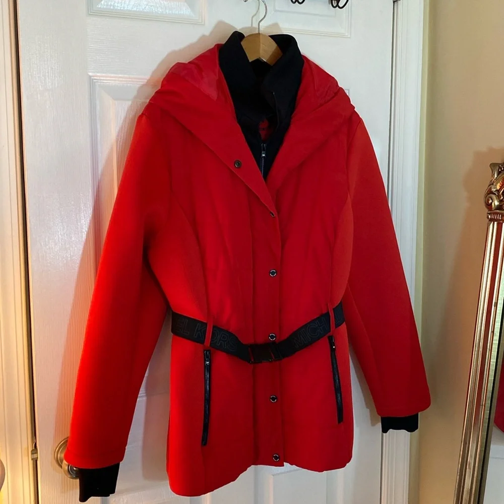 🔥 Michael Kors XL Red 🔥 Belted Winter Coat Jacket Hood - Picture 2 of 16